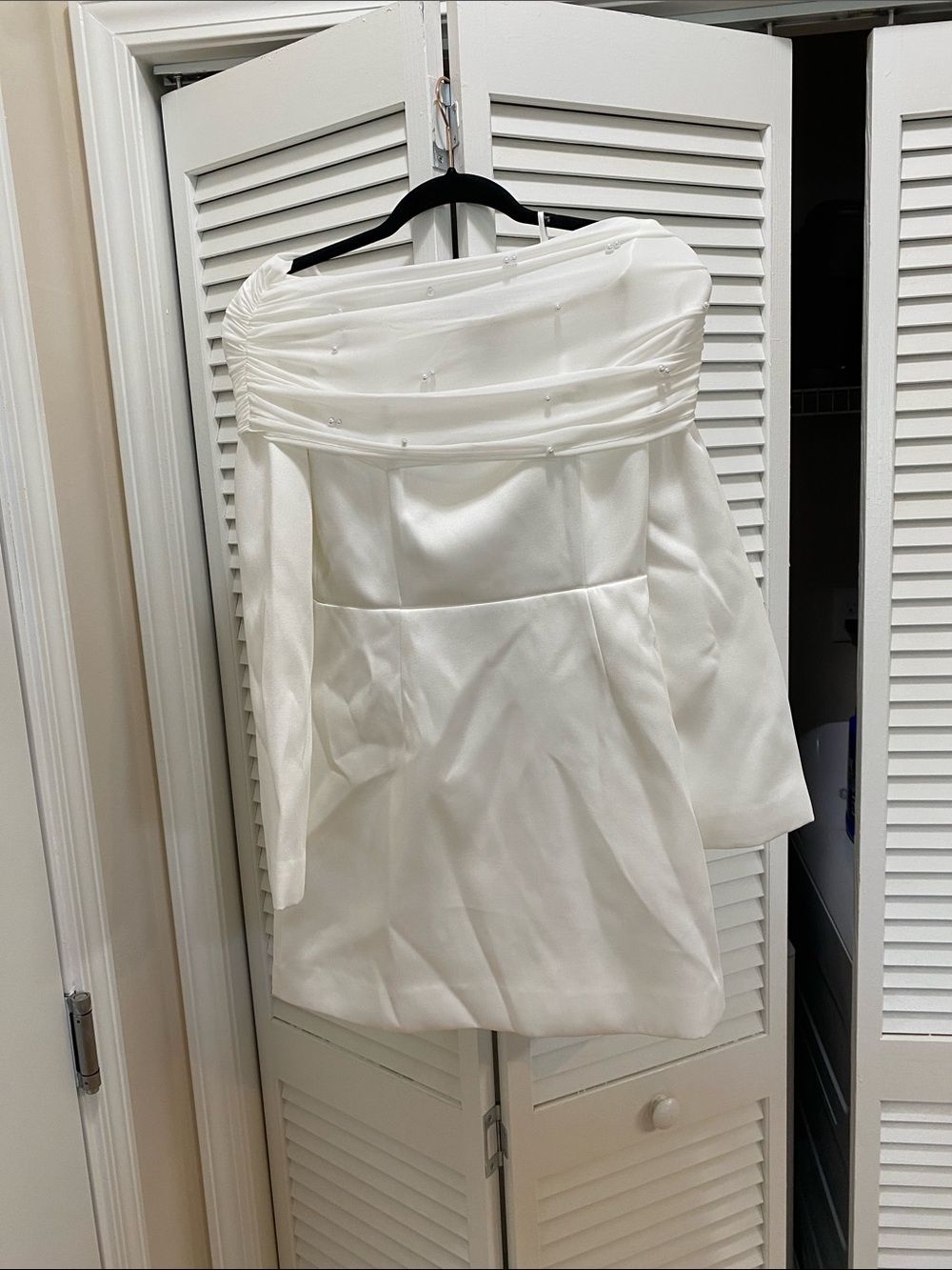 Ivory Strapless Mini Dress with Beaded Draped Bodice